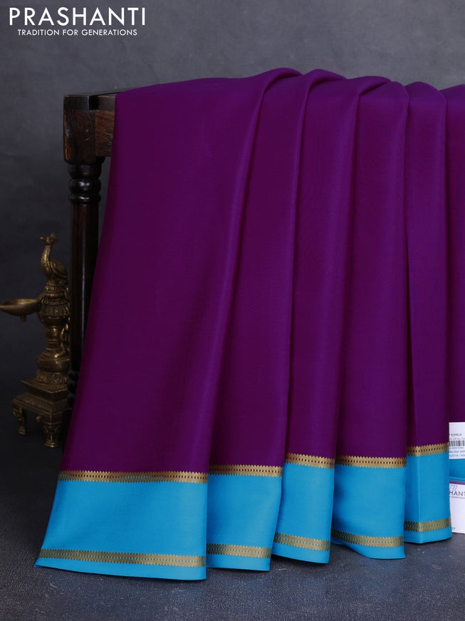 Pure mysore silk saree purple and cs blue with plain body and rettapet zari woven border