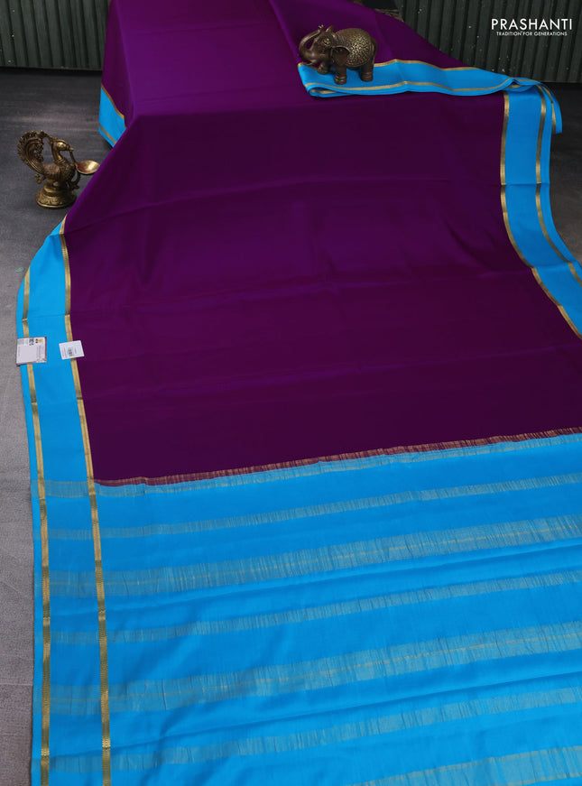Pure mysore silk saree purple and cs blue with plain body and rettapet zari woven border