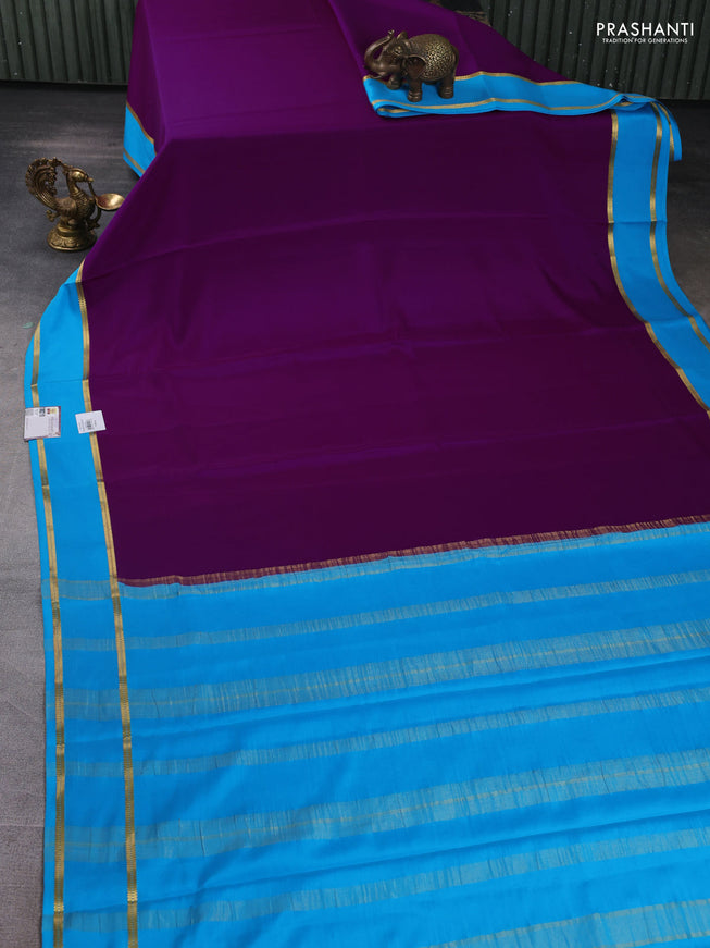 Pure mysore silk saree purple and cs blue with plain body and rettapet zari woven border