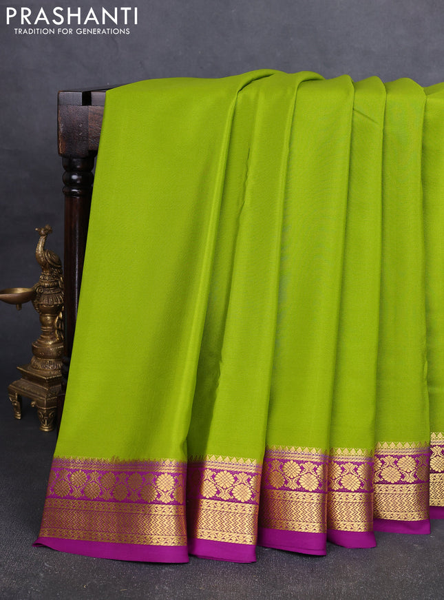 Pure mysore silk saree mehendi green and purple with plain body and zari woven border