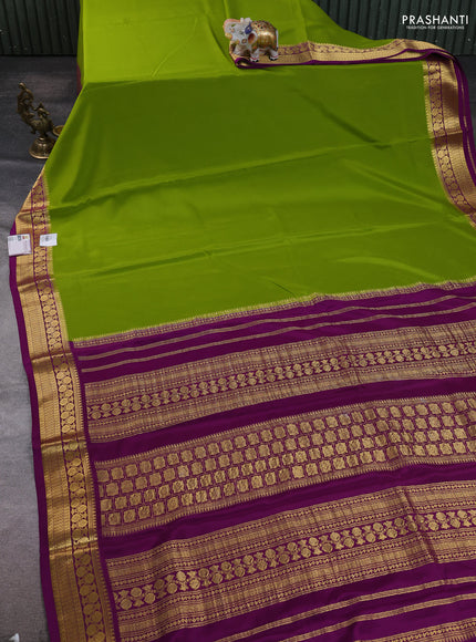 Pure mysore silk saree mehendi green and purple with plain body and zari woven border