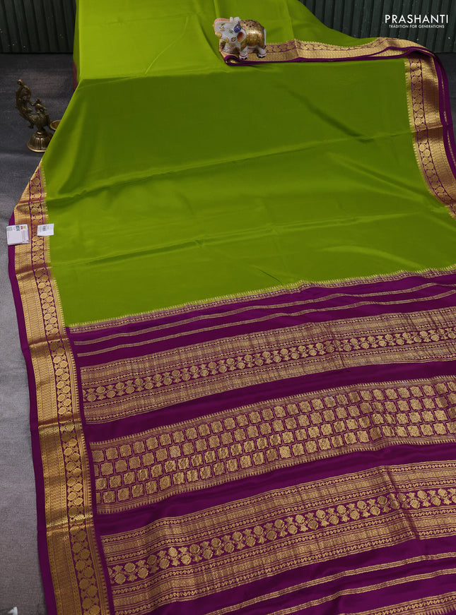Pure mysore silk saree mehendi green and purple with plain body and zari woven border
