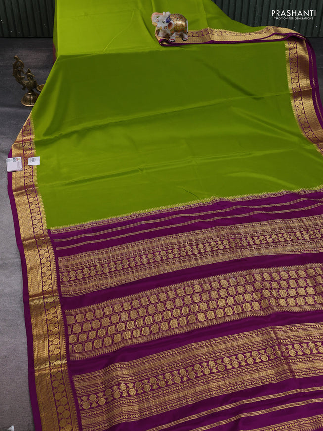 Pure mysore silk saree mehendi green and purple with plain body and zari woven border
