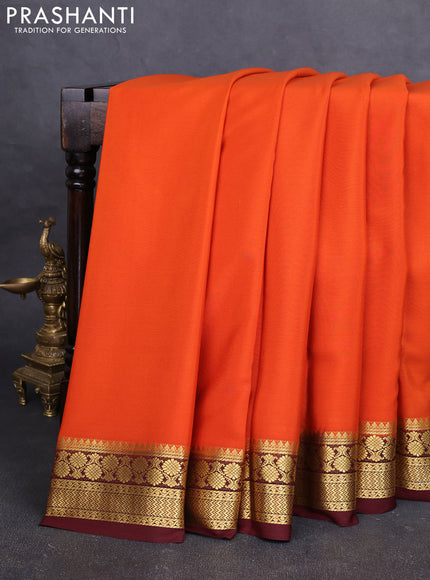Pure mysore silk saree orange and deep maroon with plain body and zari woven border