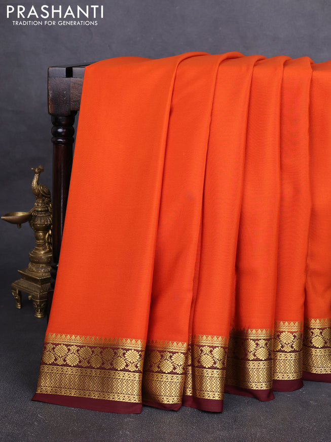 Pure mysore silk saree orange and deep maroon with plain body and zari woven border