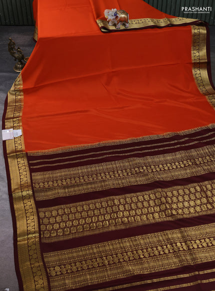 Pure mysore silk saree orange and deep maroon with plain body and zari woven border