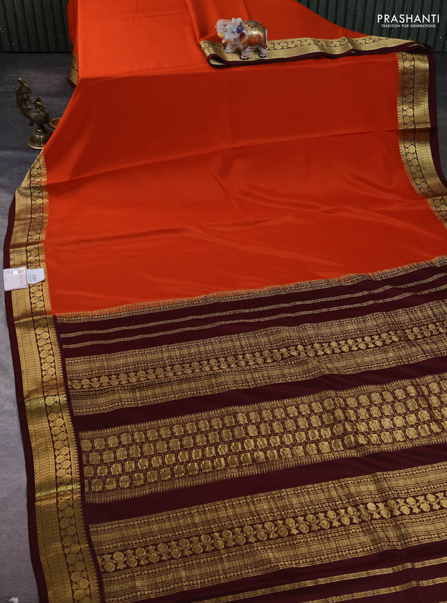 Pure mysore silk saree orange and deep maroon with plain body and zari woven border