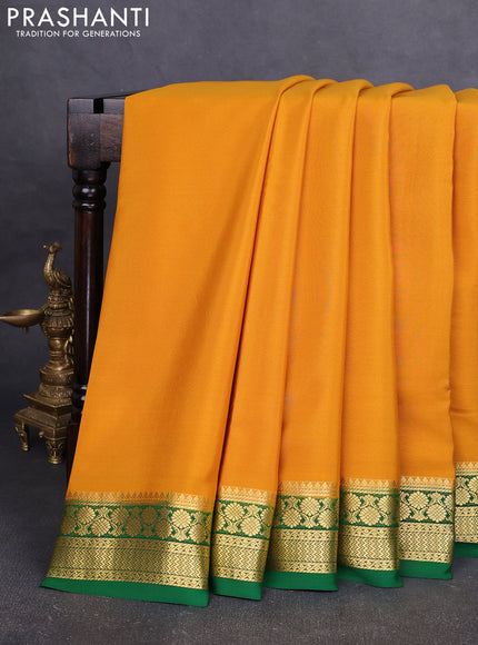 Pure mysore silk saree mustard yellow and green with plain body and zari woven border