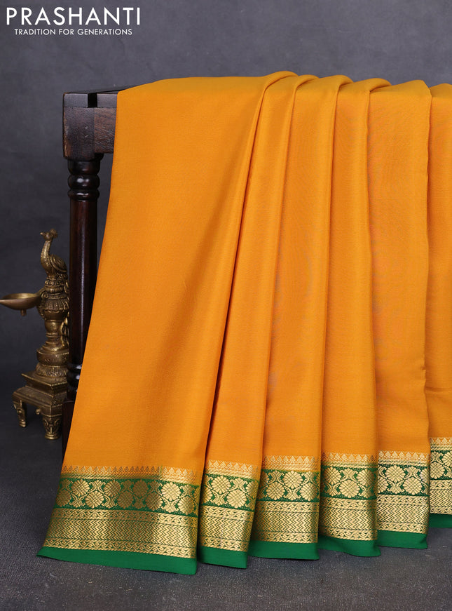 Pure mysore silk saree mustard yellow and green with plain body and zari woven border