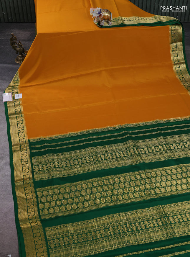 Pure mysore silk saree mustard yellow and green with plain body and zari woven border