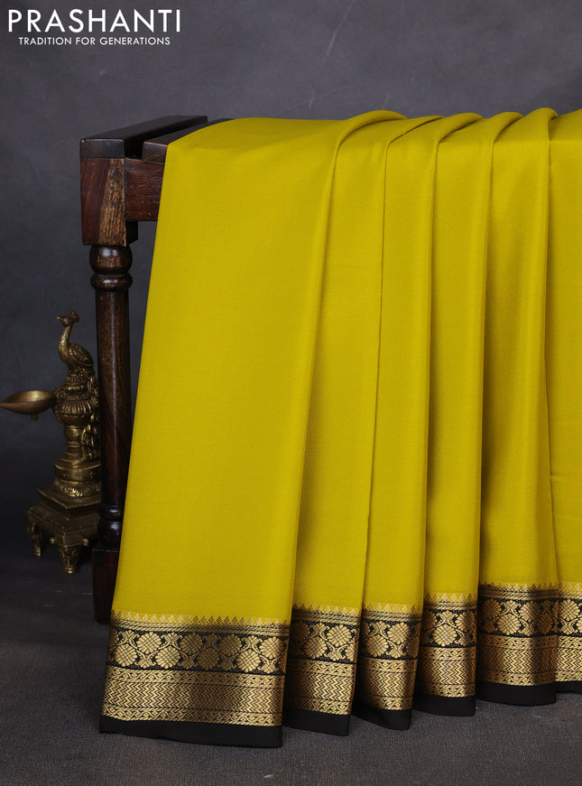 Pure mysore silk saree mustard yellow and deep coffee brown with plain body and zari woven border