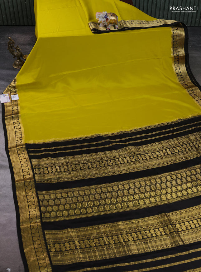 Pure mysore silk saree mustard yellow and deep coffee brown with plain body and zari woven border