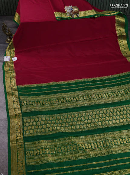 Pure mysore silk saree red and green with plain body and zari woven border
