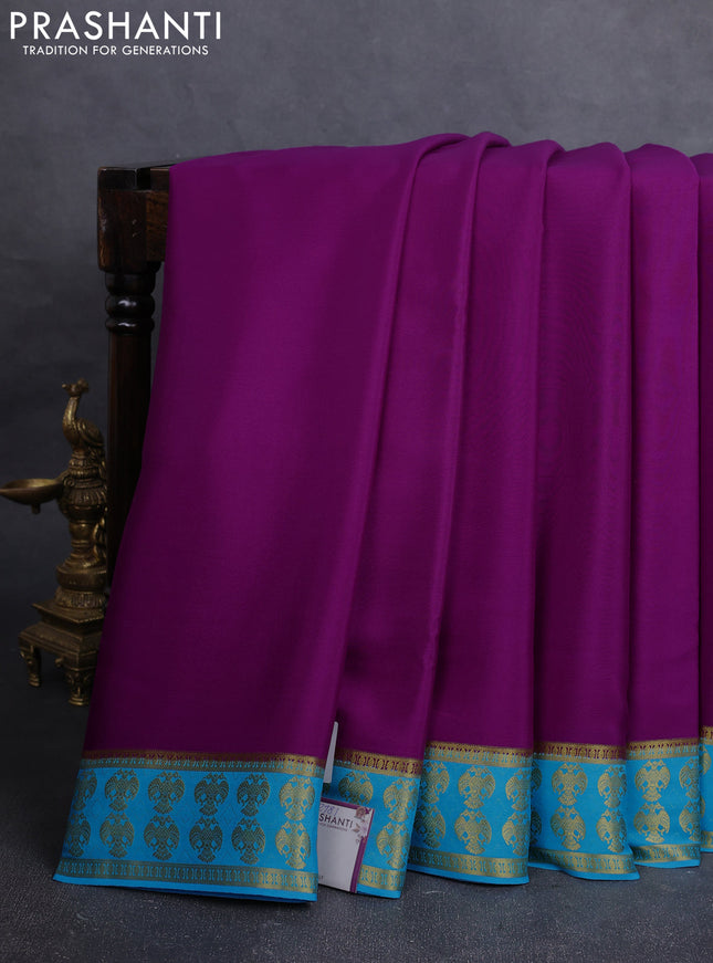 Pure mysore silk saree purple and cs blue with plain body and zari woven border