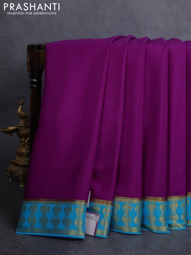 Pure mysore silk saree purple and cs blue with plain body and zari woven border