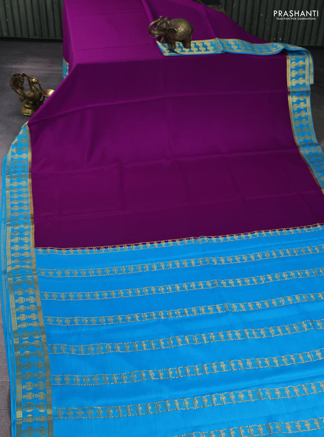 Pure mysore silk saree purple and cs blue with plain body and zari woven border