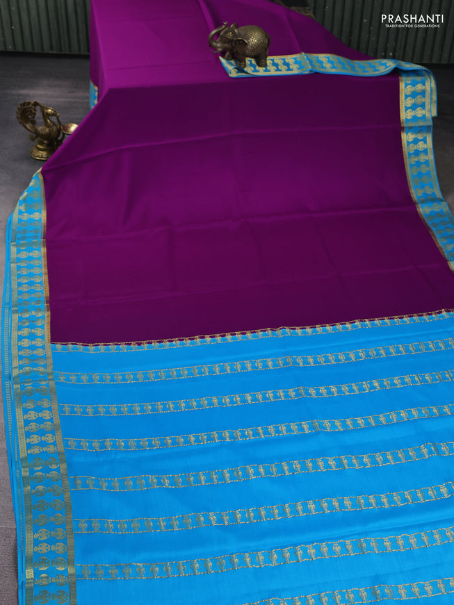 Pure mysore silk saree purple and cs blue with plain body and zari woven border
