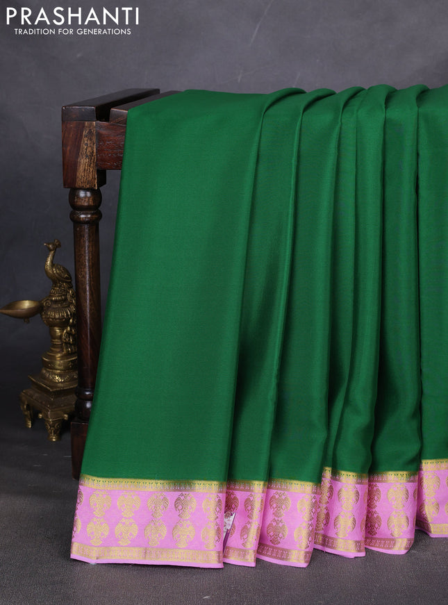 Pure mysore silk saree green and lotus pink with plain body and zari woven border