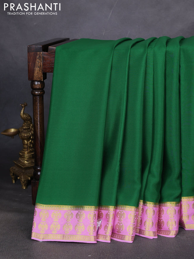 Pure mysore silk saree green and lotus pink with plain body and zari woven border