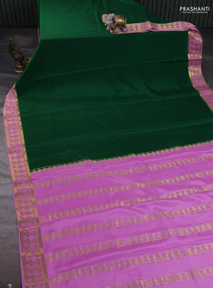 Pure mysore silk saree green and lotus pink with plain body and zari woven border