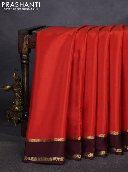 Pure mysore silk saree rustic orange and coffee brown with plain body and rettapet zari woven border