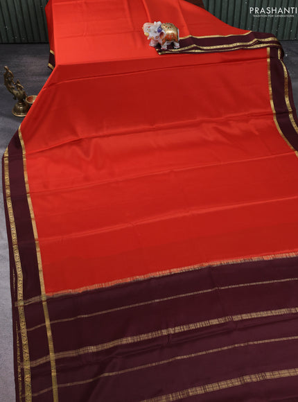 Pure mysore silk saree rustic orange and coffee brown with plain body and rettapet zari woven border