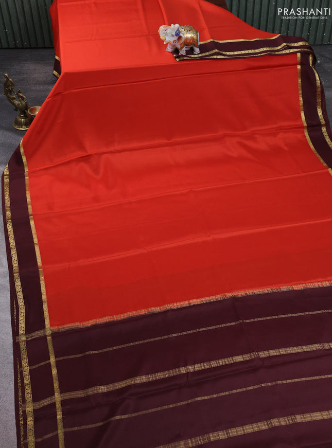 Pure mysore silk saree rustic orange and coffee brown with plain body and rettapet zari woven border