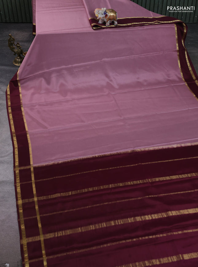 Pure mysore silk saree pastel pink and wine shade with plain body and rettapet zari woven border