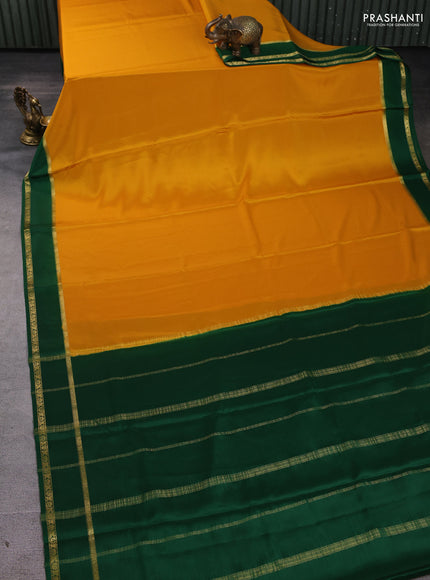 Pure mysore silk saree mustard yellow and green with plain body and rettapet zari woven border