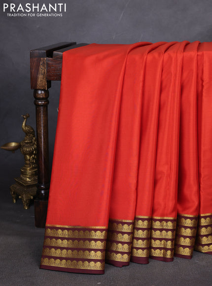 Pure mysore silk saree rustic orange and coffee brown with plain body and zari woven border