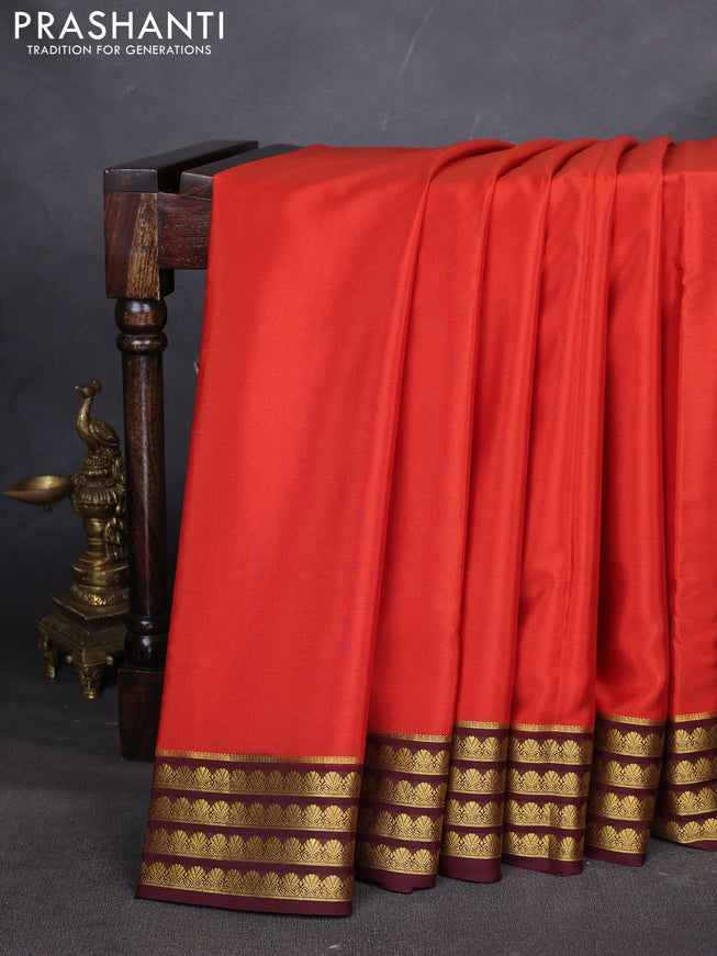 Pure mysore silk saree rustic orange and coffee brown with plain body and zari woven border