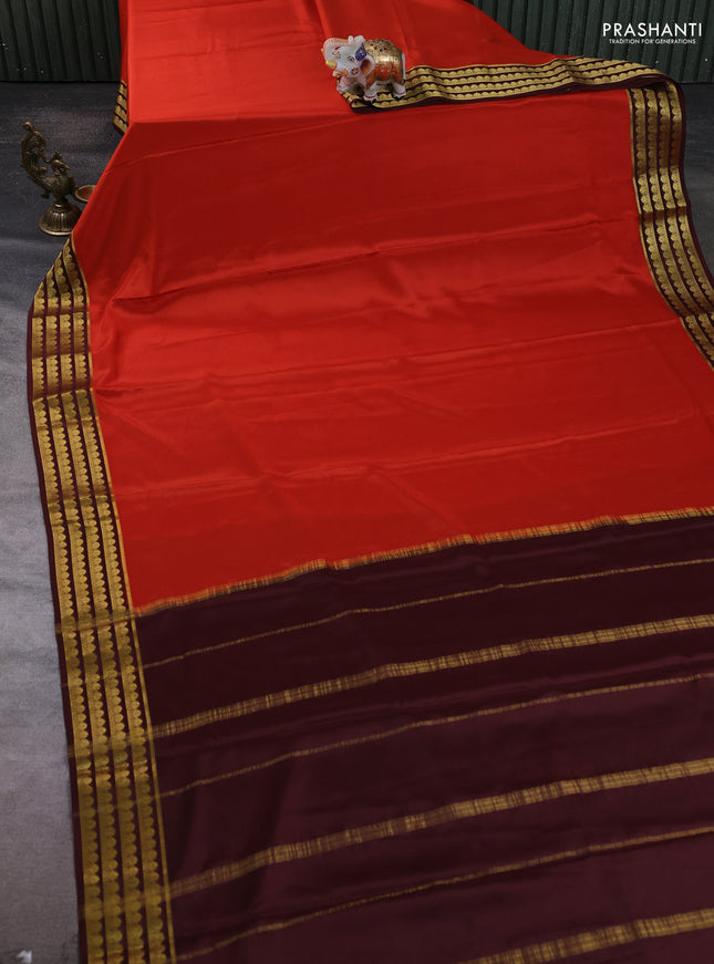Pure mysore silk saree rustic orange and coffee brown with plain body and zari woven border
