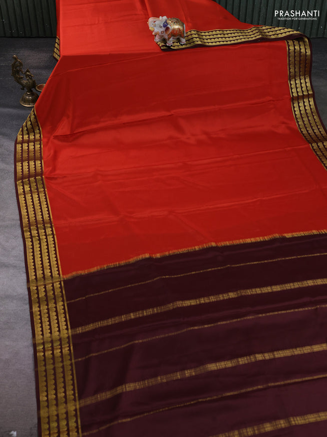 Pure mysore silk saree rustic orange and coffee brown with plain body and zari woven border