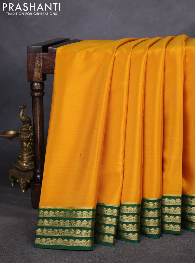 Pure mysore silk saree mango yellow and green with plain body and zari woven border