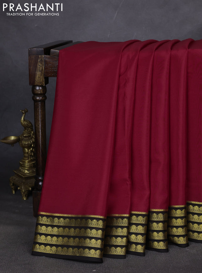 Pure mysore silk saree red and coffee brown with plain body and zari woven border