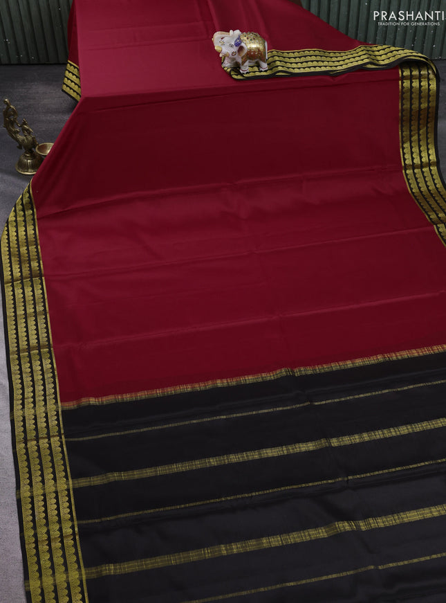 Pure mysore silk saree red and coffee brown with plain body and zari woven border