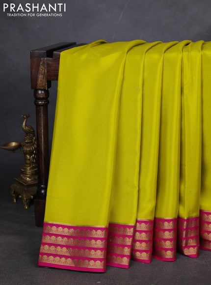 Pure mysore silk saree lime yellow and pink with plain body and zari woven border