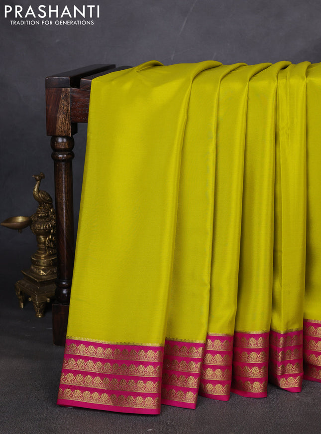 Pure mysore silk saree lime yellow and pink with plain body and zari woven border