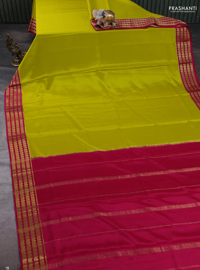 Pure mysore silk saree lime yellow and pink with plain body and zari woven border