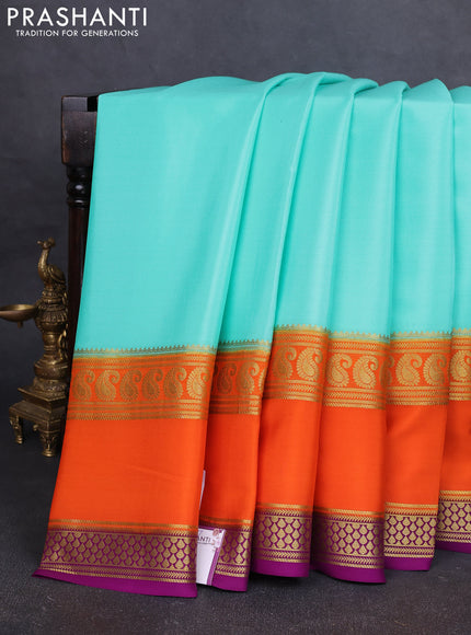 Pure mysore silk saree teal blue and orange purple with plain body and long rettapet zari woven border