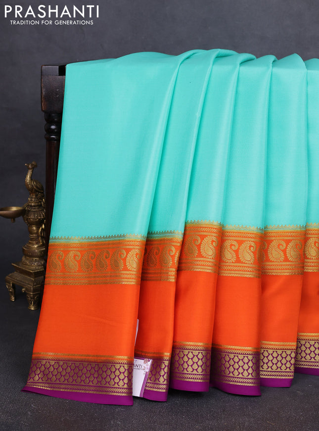 Pure mysore silk saree teal blue and orange purple with plain body and long rettapet zari woven border