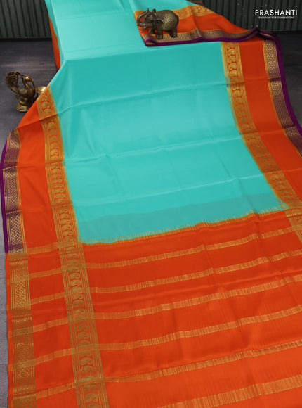 Pure mysore silk saree teal blue and orange purple with plain body and long rettapet zari woven border