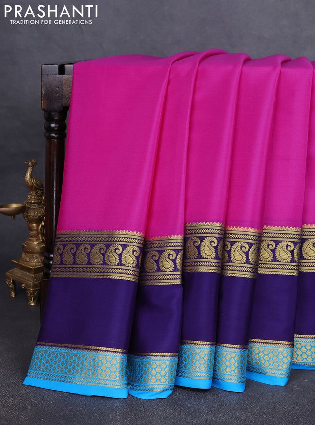 Pure mysore silk saree pink and dark blue cs blue with plain body and long rettapet zari woven border