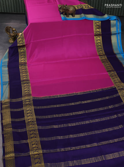 Pure mysore silk saree pink and dark blue cs blue with plain body and long rettapet zari woven border
