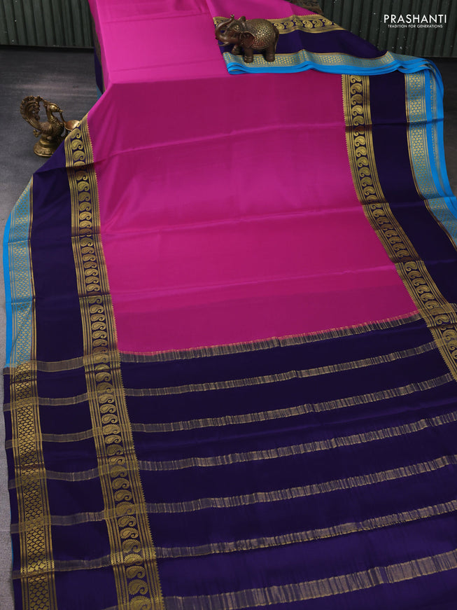 Pure mysore silk saree pink and dark blue cs blue with plain body and long rettapet zari woven border