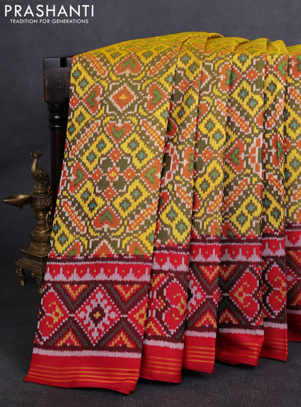 Rajkot Patola Silk Saree mehendi green and red with allover Ikat weaves and ikat woven border