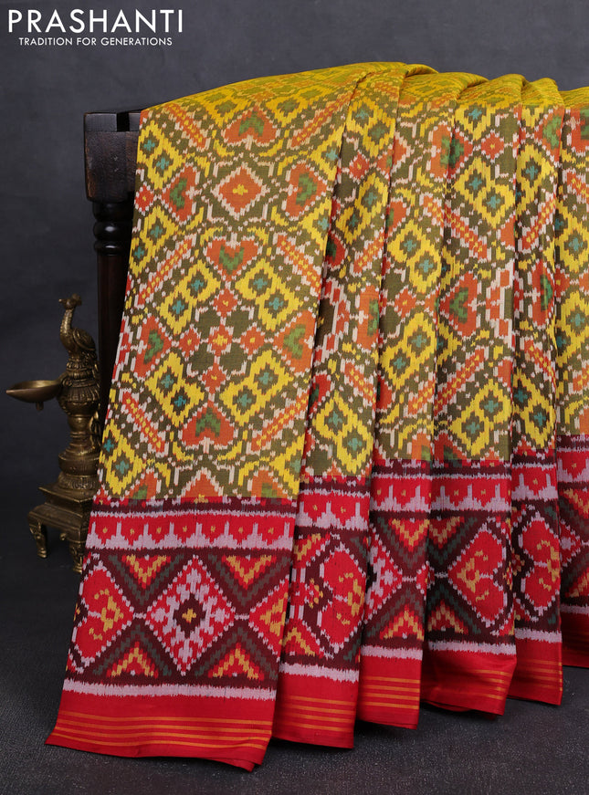 Rajkot Patola Silk Saree mehendi green and red with allover Ikat weaves and ikat woven border