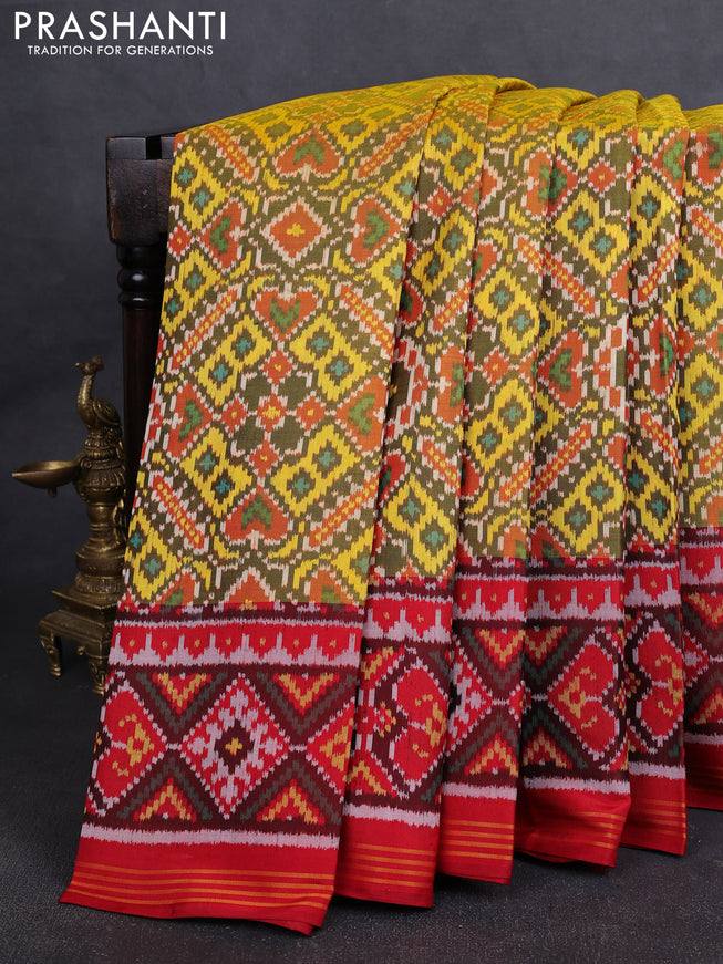 Rajkot Patola Silk Saree mehendi green and red with allover Ikat weaves and ikat woven border