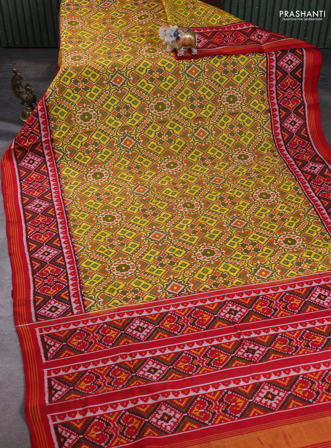 Rajkot Patola Silk Saree mehendi green and red with allover Ikat weaves and ikat woven border