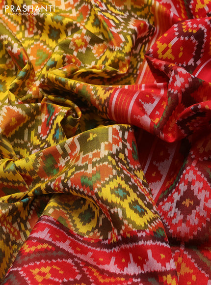 Rajkot Patola Silk Saree mehendi green and red with allover Ikat weaves and ikat woven border